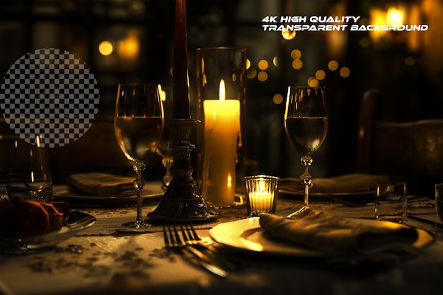 PSD romantic ambiance of candlelit dinner where flickering on transparent background