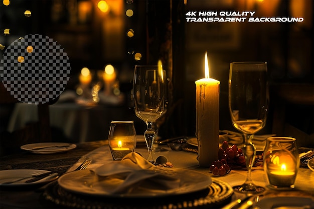 PSD romantic ambiance of candlelit dinner where flickering on transparent background