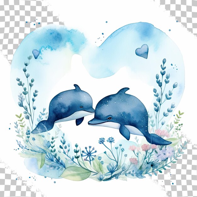 PSD romantic blue themed watercolor card featuring whales plants and a heart transparent background