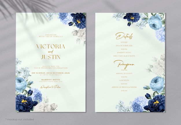 Romantic blue wedding invitation template double sided