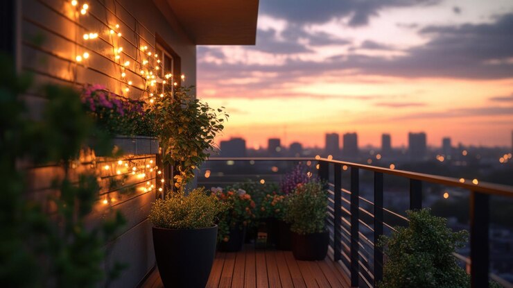 PSD ストリングライトと鉢の植物で飾られた快適なバルコニーからロマンチックな街の夕暮れの景色