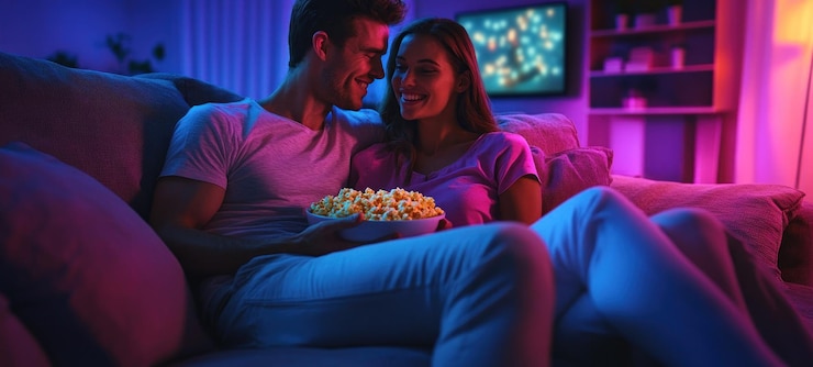 PSD romantic couple enjoying movie night at home