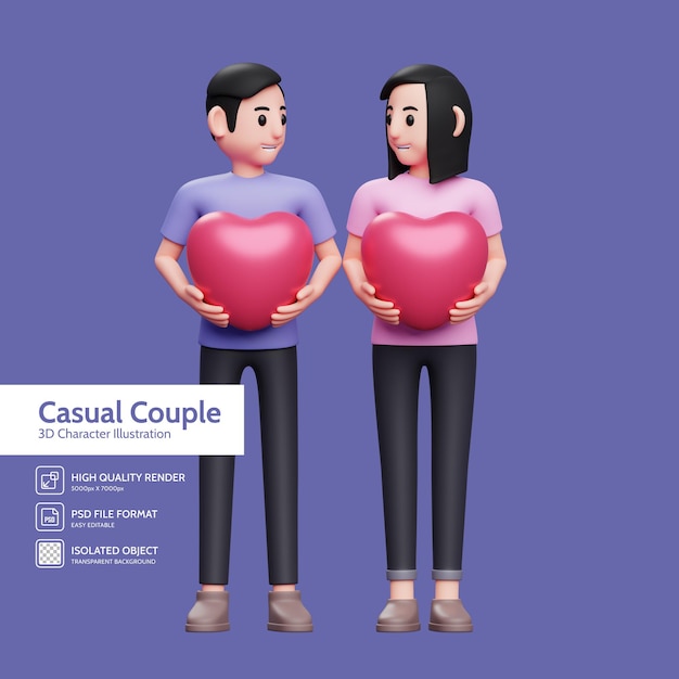 ハートの風船を向かい合って保持しているロマンチックなカップル、3dバレンタインデーのコンセプトキャラクターイラスト