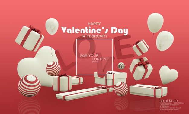 Romantic creative composition happy valentine's day realistic 3d festive decorative objects heart shaped balloons and love falling gift box glitter gold holiday banner and poster 3d render psd