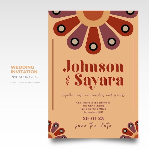 PSD romantic floral wedding invitation card template with beautiful leaves