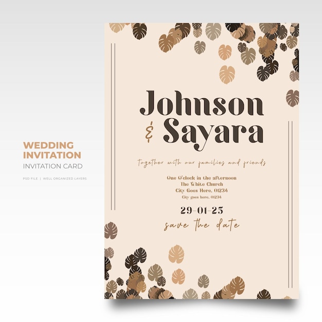 Romantic Floral wedding invitation card template with beautiful leaves