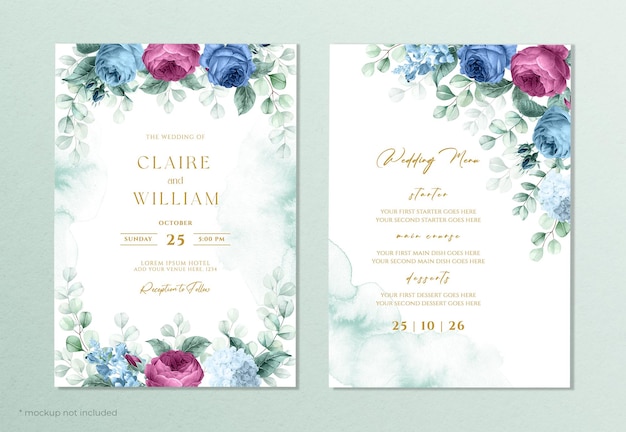 Romantic floral wedding invitation and menu template with rose dan leaves decoration