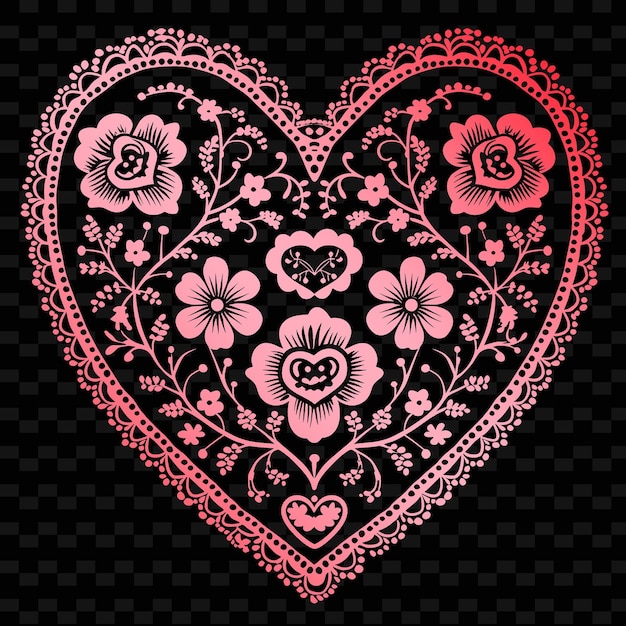 PSD romantic heart folk art with lace pattern and rose embellish illustration decor motifs collection (romantyczna sztuka ludowa z koronkowym wzorem i różową ilustracją)