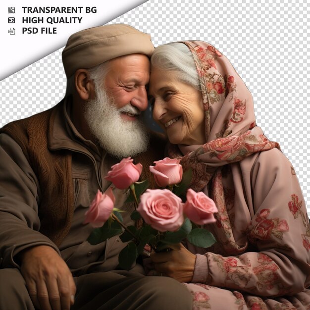 PSD romantic old arabic couple valentine's day with roses vint transparent background psd izolowany