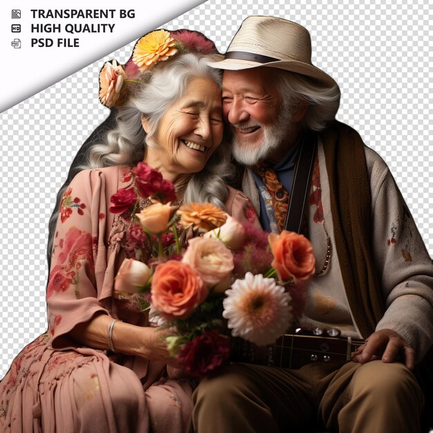 Romantic Old Asian Couple Valentine's Day With Flowers Boh Przezroczyste Tło Psd Izolowane