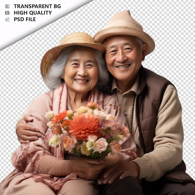 Romantica vecchia coppia asiatica san valentino con fiori boh sfondo trasparente psd isolato