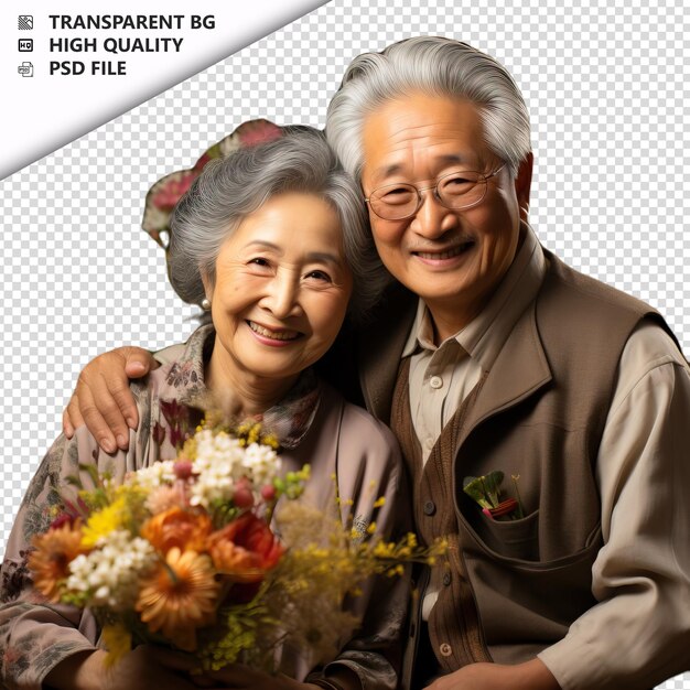 Romantic old asian couple valentines day with flowers vin transparent background psd isolated