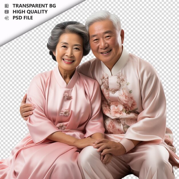 PSD romantic old asian couple valentines day with holding han transparent background psd isolated