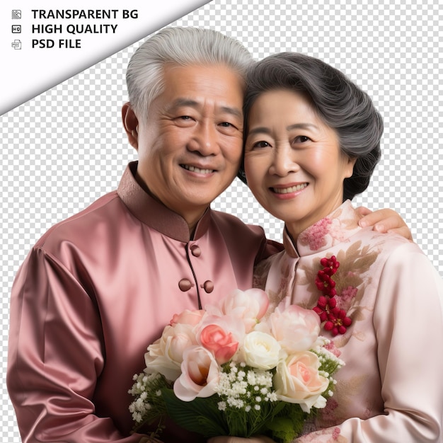 PSD romantic old asian couple valentines day with huging form transparent background psd isolated