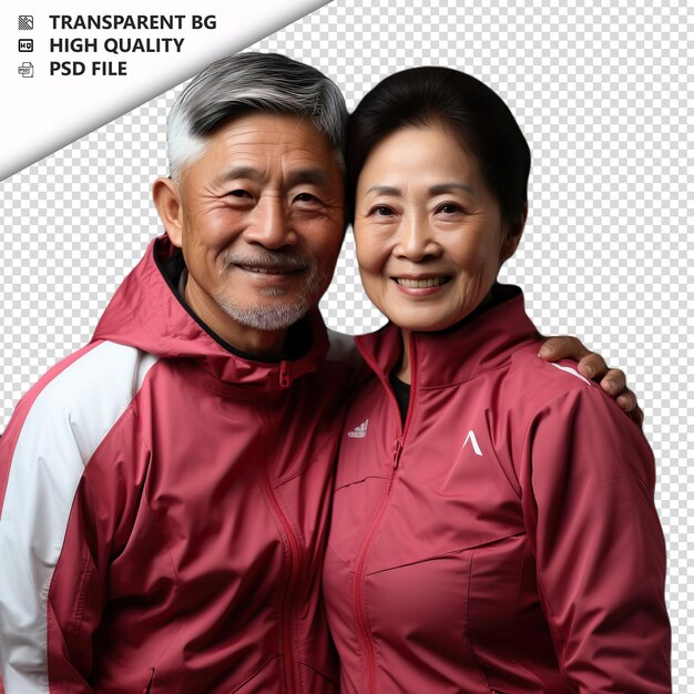 PSD romantic old asian couple valentines day with huging spor transparent background psd isolated