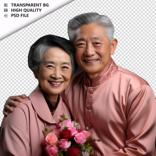 PSD romantic old asian couple valentines day with jewelry pre transparent background psd isolated