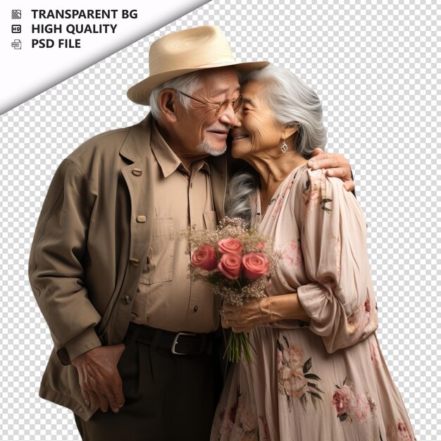 PSD romantic old asian couple valentines day with kissing boh transparent background psd isolated