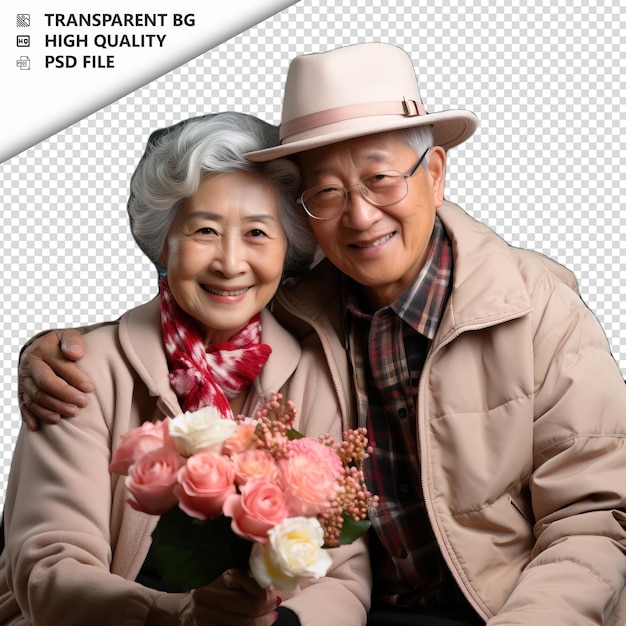 PSD romantic old asian couple valentines day with roses tradi transparent background psd isolated