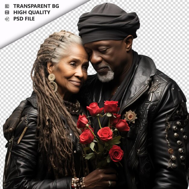 Romantic old black couple valentines day with presents fo transparent background psd isolated