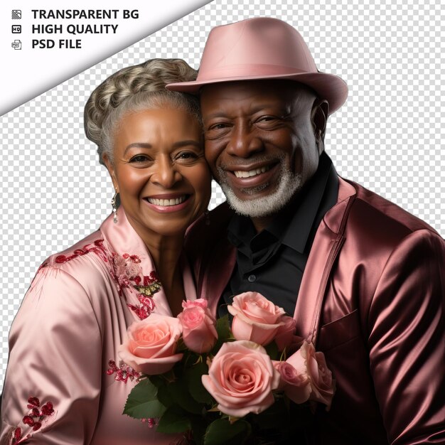 Romantic old black couple valentines day with roses forma transparent background psd isolated