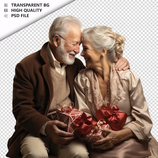 PSD romantic old european couple valentine's day with presents transparent background psd izolowany