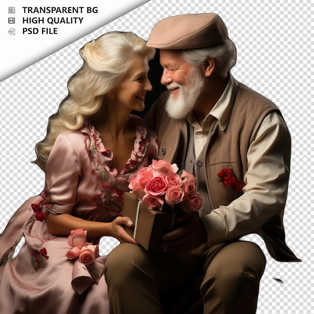 PSD romantic old europian couple valentines day with presents transparent background psd isolated