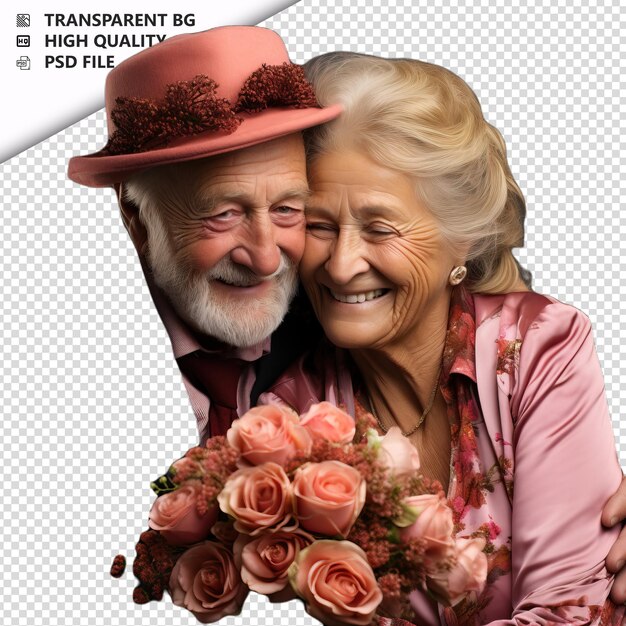 PSD romantic old german couple valentines day with flowers el transparent background psd isolated