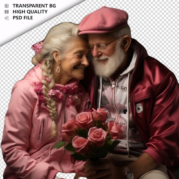PSD romantic old german couple valentines day with flowers pr transparent background psd isolated
