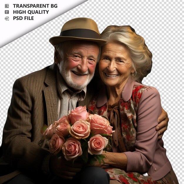 Romantic old german couple valentines day with roses casu transparent background psd isolated