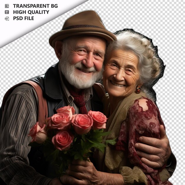 PSD romantic old german couple valentines day with roses vint transparent background psd isolated