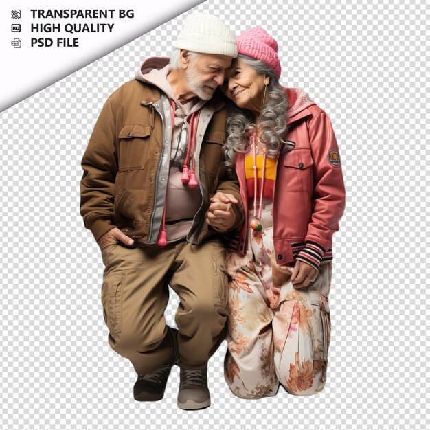 PSD romantic old japanese couple valentines day with kissing transparent background psd isolated