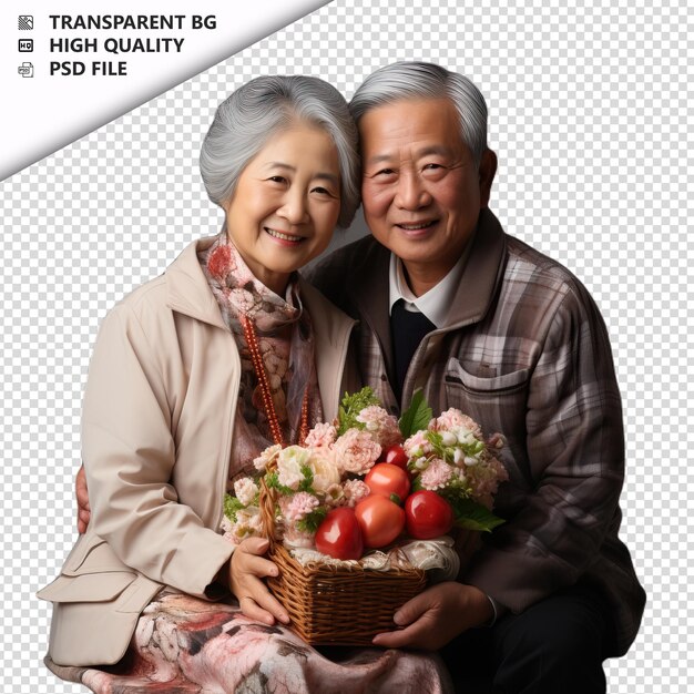 Romantica vecchia coppia giapponese valentino con regali sfondo trasparente psd isolato.