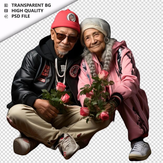 PSD romantic old japanese couple valentines day with roses sp transparent background psd isolated