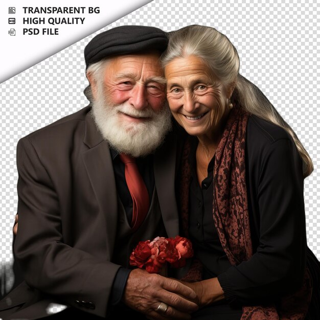 PSD romantic old jewish couple valentine's day with gift busin transparent background psd izolowany