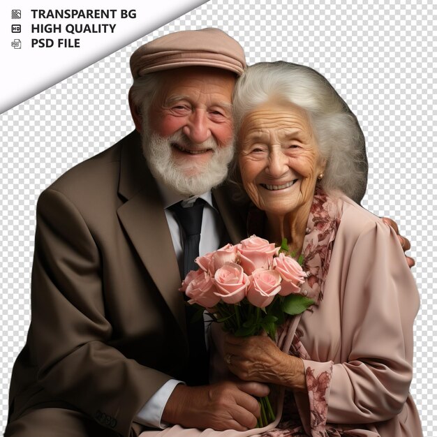 PSD romantic old jewish couple valentine's day with roses form transparent background psd izolowany.