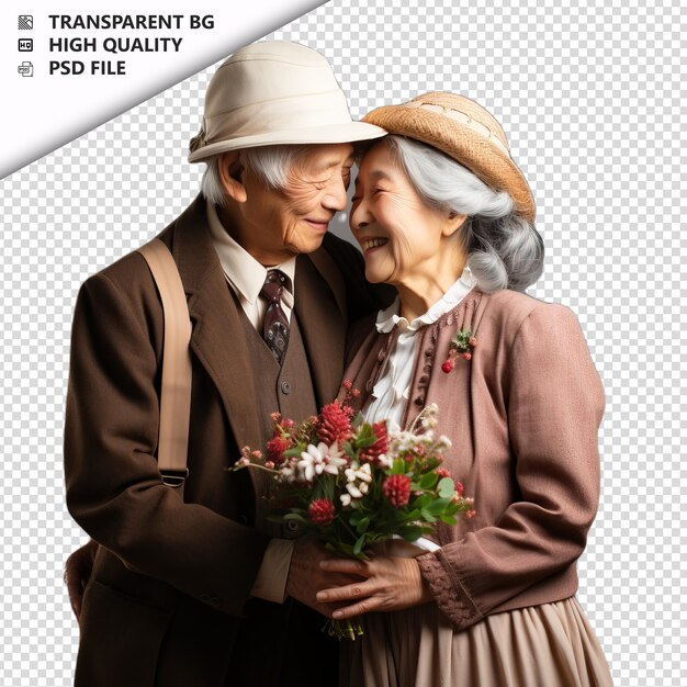 PSD romantic old korean couple valentines day with kissing vi transparent background psd isolated