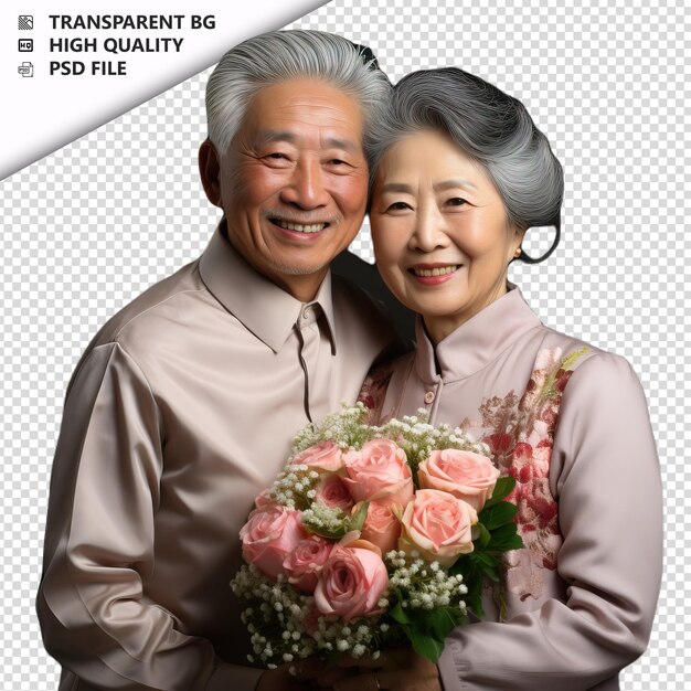 PSD romantic old korean couple valentines day with roses bohe transparent background psd isolated
