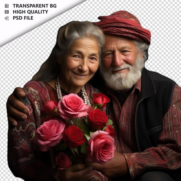 PSD romantic old turk couple valentines day with roses tradit transparent background psd isolated