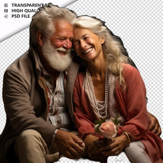 PSD romantic old white couple valentine's day with gift bohemi transparent background psd izolowany