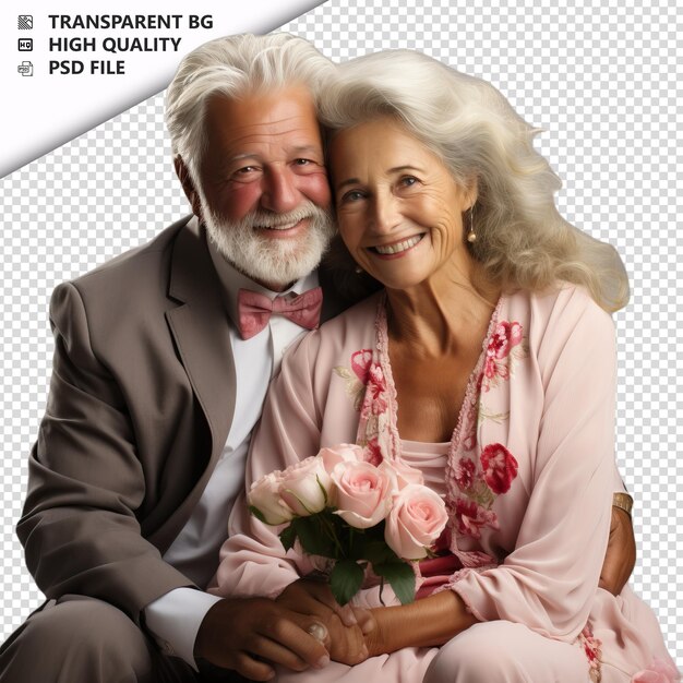 PSD romantic old white couple valentine's day with roses bohem transparent background psd izolowany