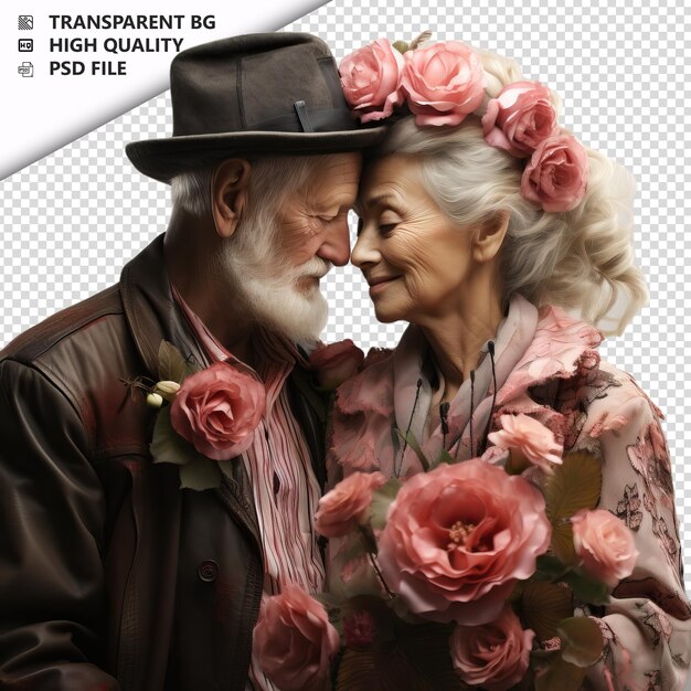 PSD romantic old white couple valentines day with flowers got transparent background psd isolated