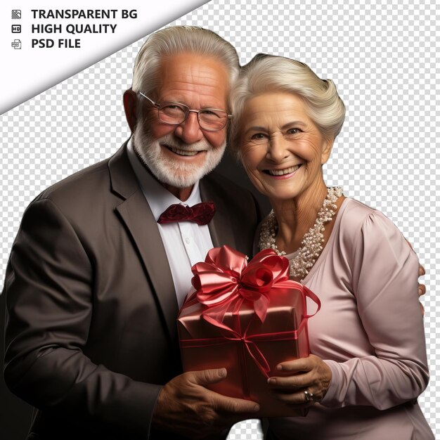 PSD romantic old white couple valentines day with gift busine transparent background psd isolated