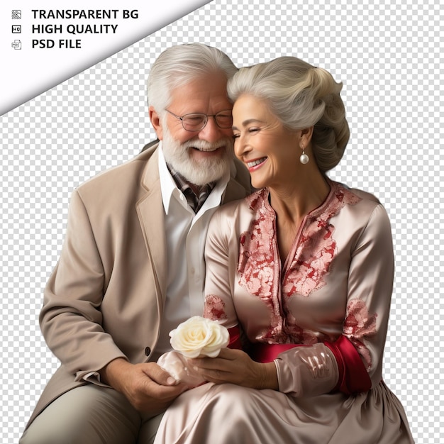 Romantic old white couple valentines day with gift gothic transparent background psd isolated
