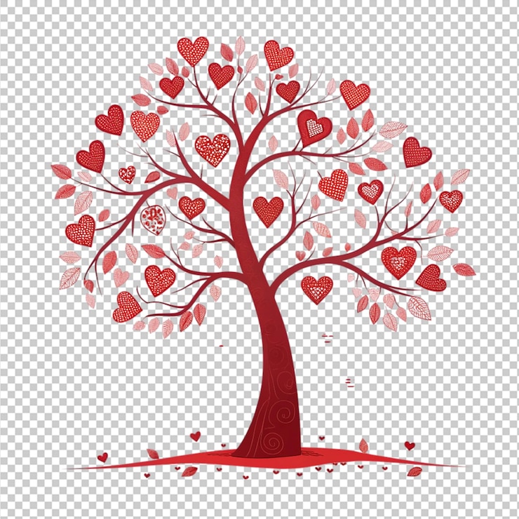 PSD romantic red heart tree illustration design valentines day miłość karta uroczy różowy liść białe serca