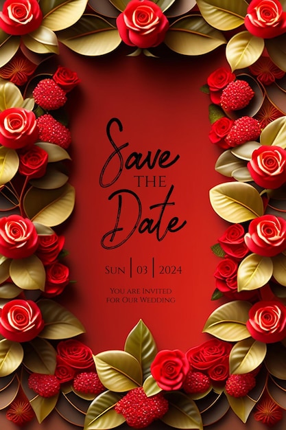 PSD romantic red rose wedding invitation design for elegant nuptialsfloral and butterfly wedding invitat