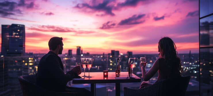 PSD 都市のスカイラインと夕暮れのロマンチックな屋上夕食