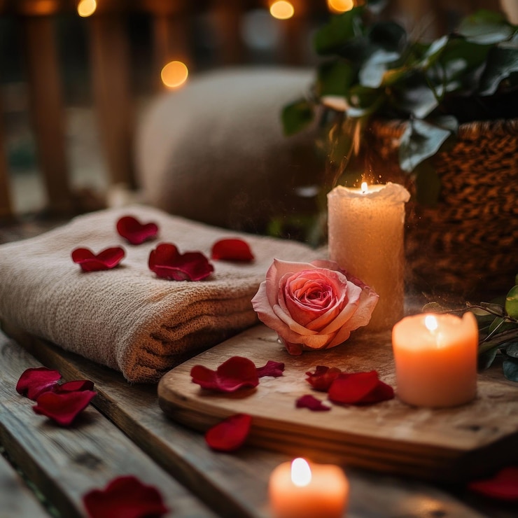 PSD romantic spa setting with candles rose petals and towel