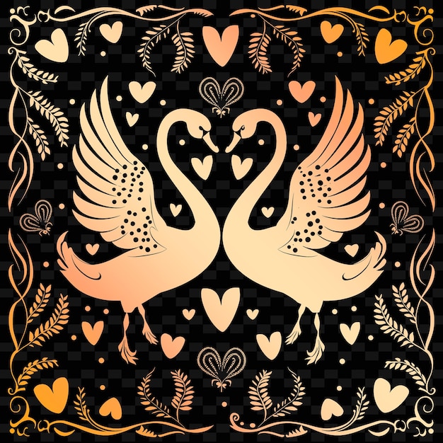PSD romantic swan folk art with feather pattern and heart detail illustration decor motifs collection
