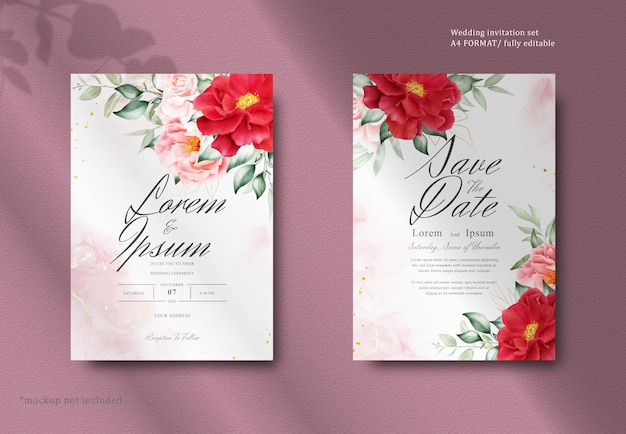 PSD romantic watercolor wedding invitation card set with maroon floral and leaves