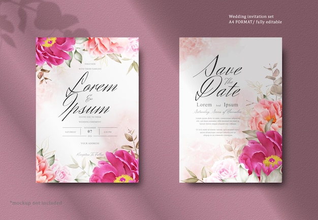 Romantic Watercolor Wedding Invitation Card Set with Maroon Floral and Leaves